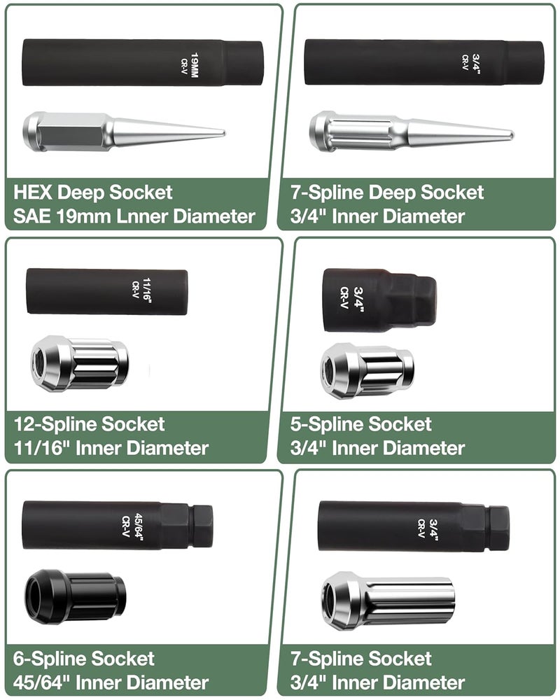glorider Spline Lug Nut Socket Set 8-Piece for Easy Removal of 5, 6, 7, 12-Spline, Hex and Spike Lug Nuts on Aftermarket Wheels, CR-V Steel - Image 3